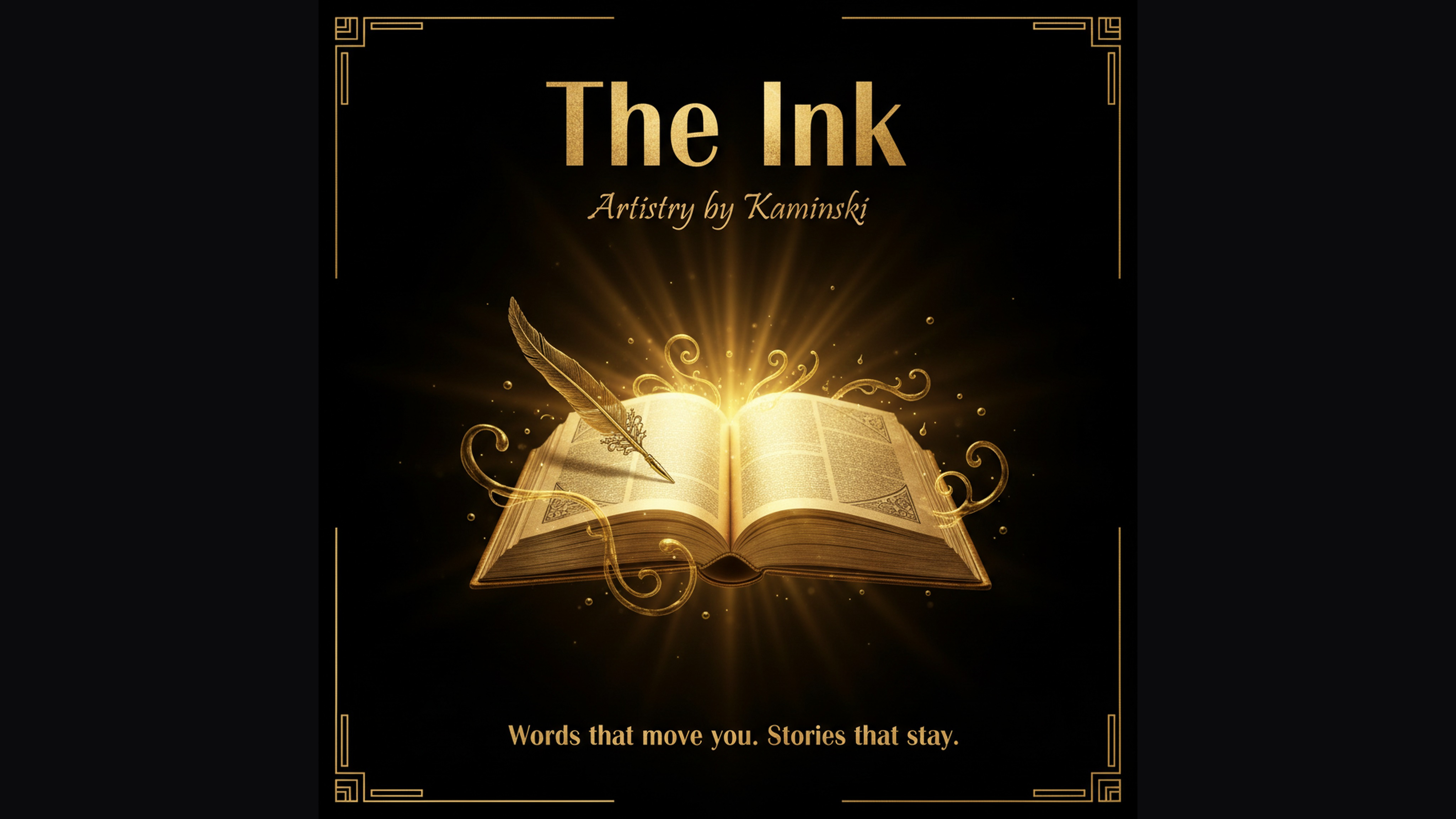 The Ink Artistry by Kaminski — gold book and quill on midnight black